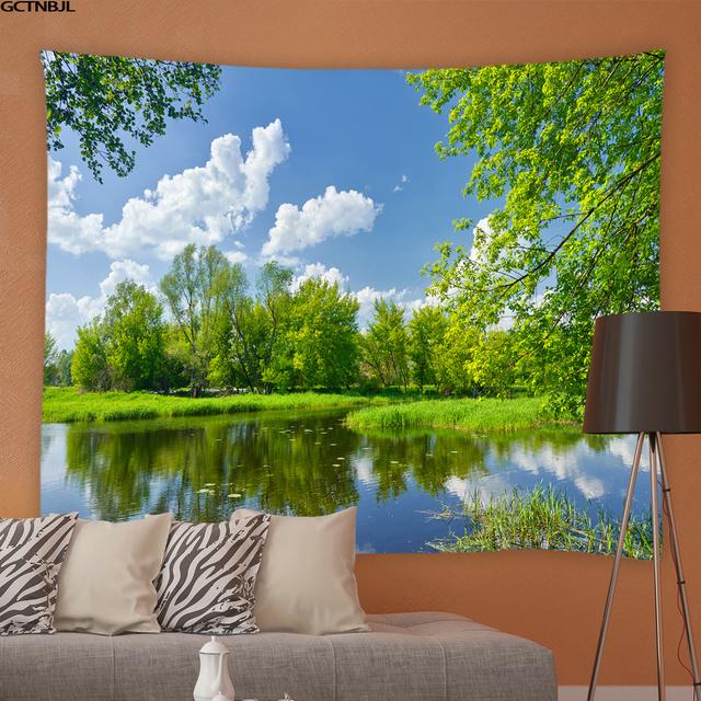 Frühling Natürliche Landschaft Wandteppich 3D Wald Wasserfall Landschaft Wandbehang Hause Hintergrund Tuch Dekor Garten Poster für Außerhalb 95x73cm von Joom DACH