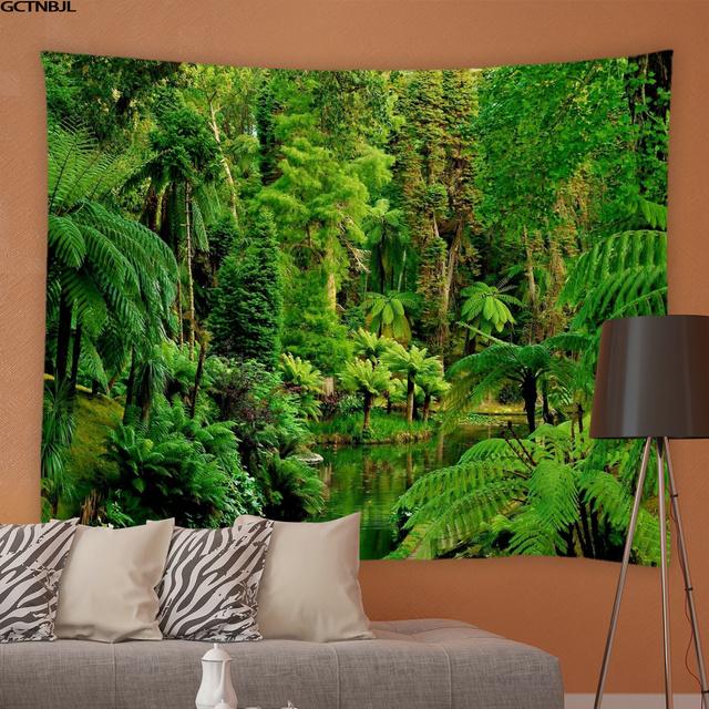 Frühling Natürliche Landschaft Wandteppich 3D Wald Wasserfall Landschaft Wandbehang Hause Hintergrund Tuch Dekor Garten Poster für Außerhalb 95x73cm von Joom DACH