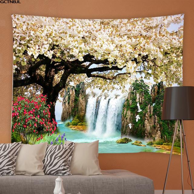 Frühling Natürliche Landschaft Wandteppich 3D Wald Wasserfall Landschaft Wandbehang Hause Hintergrund Tuch Dekor Garten Poster für Außerhalb 95x73cm von Joom DACH