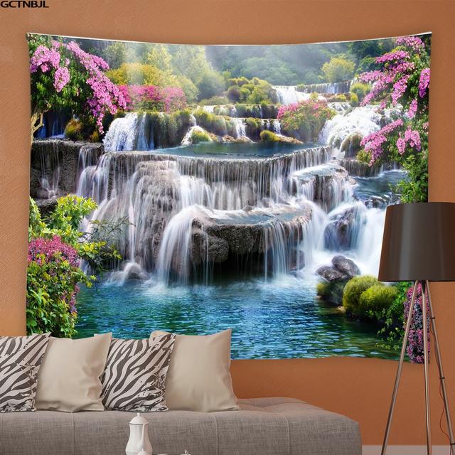 Frühling Natürliche Landschaft Wandteppich 3D Wald Wasserfall Landschaft Wandbehang Hause Hintergrund Tuch Dekor Garten Poster für Außerhalb 95x73cm von Joom DACH
