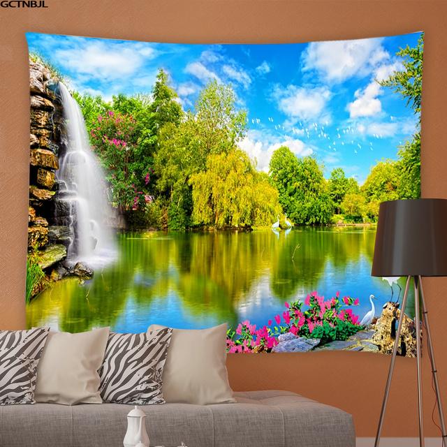 Frühling Natürliche Landschaft Wandteppich 3D Wald Wasserfall Landschaft Wandbehang Hause Hintergrund Tuch Dekor Garten Poster für Außerhalb 95x73cm von Joom DACH