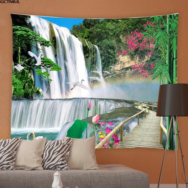 Frühling Natürliche Landschaft Wandteppich 3D Wald Wasserfall Landschaft Wandbehang Hause Hintergrund Tuch Dekor Garten Poster für Außerhalb 95x73cm von Joom DACH
