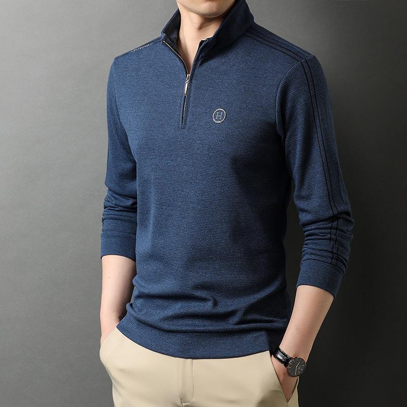 Frühling Neu Herren Langarm-T-Shirt für junge und mittelalte Männer Leichtes Business Casual Uni-Farben Bestickt Stehkragen Poloshirt Herren XXL von Joom DACH