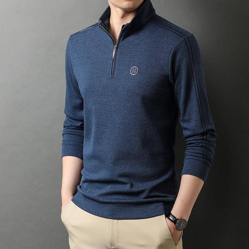 Frühling Neu Herren Langarm-T-Shirt für junge und mittelalte Männer Leichtes Business Casual Uni-Farben Bestickt Stehkragen Poloshirt Herren XXL von Joom DACH