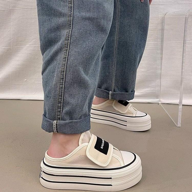 Frühling Neue Dicke Unterseite Klettverschluss Slip-on Lazy Semi Slipper Segeltuchschuhe Damen Sommer Vielseitige Weiße Schuhe 40 weiß von Joom DACH