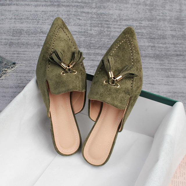 Frühling Neue Frauen Pantoletten Spitz Hausschuhe Im Freien Muller Mode Fransen Design Büro Casual Schuhe Große 40 armee grüne von Joom DACH