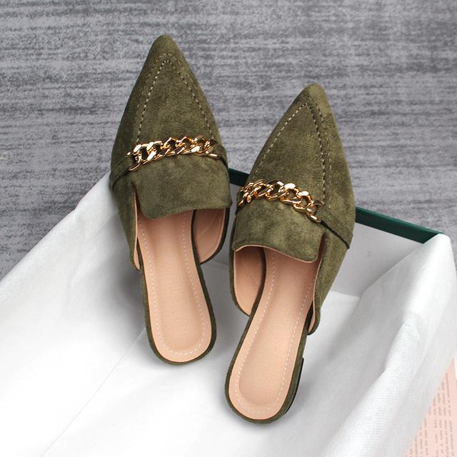 Frühling Neue Frauen Pantoletten Spitz Hausschuhe Im Freien Muller Mode Metall Kette Design Büro Casual Schuhe Große 43 armee grüne von Joom DACH