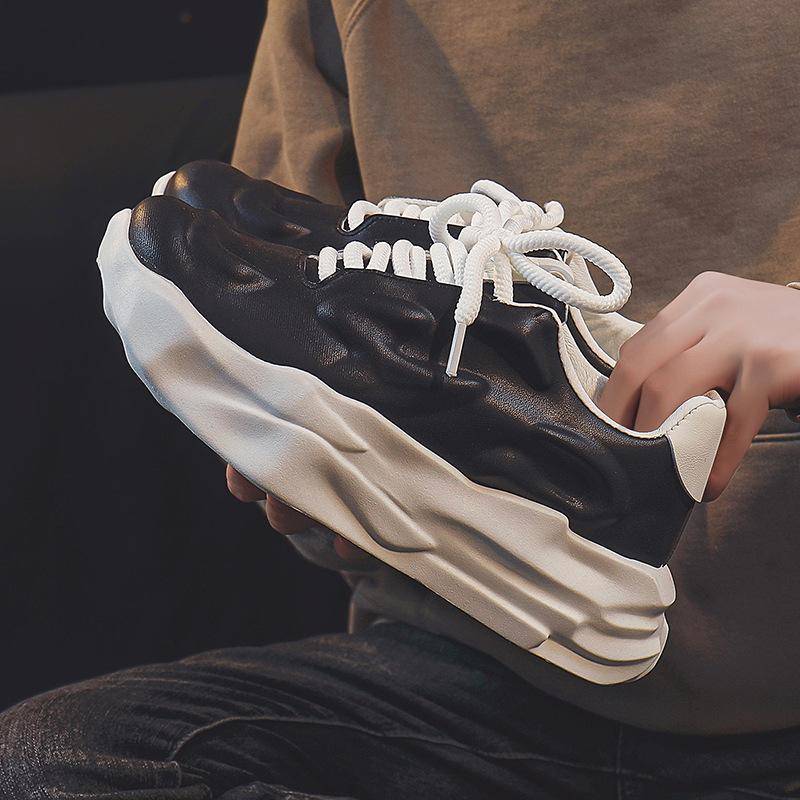 Frühling Neue Herren Plateau Dad Schuhe Leder Casual Sneaker Low-Top Nischen Herrenschuhe 44 schwarz von Joom DACH