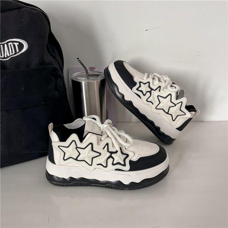 Frühling Neue runde Zehenpartie Lederoberfläche Sternmuster Sneakers Farblich passende Schnürschuhe Modische dünne Schuhe Damen Oberbekleidung Casual Sneaker 40 von Joom DACH