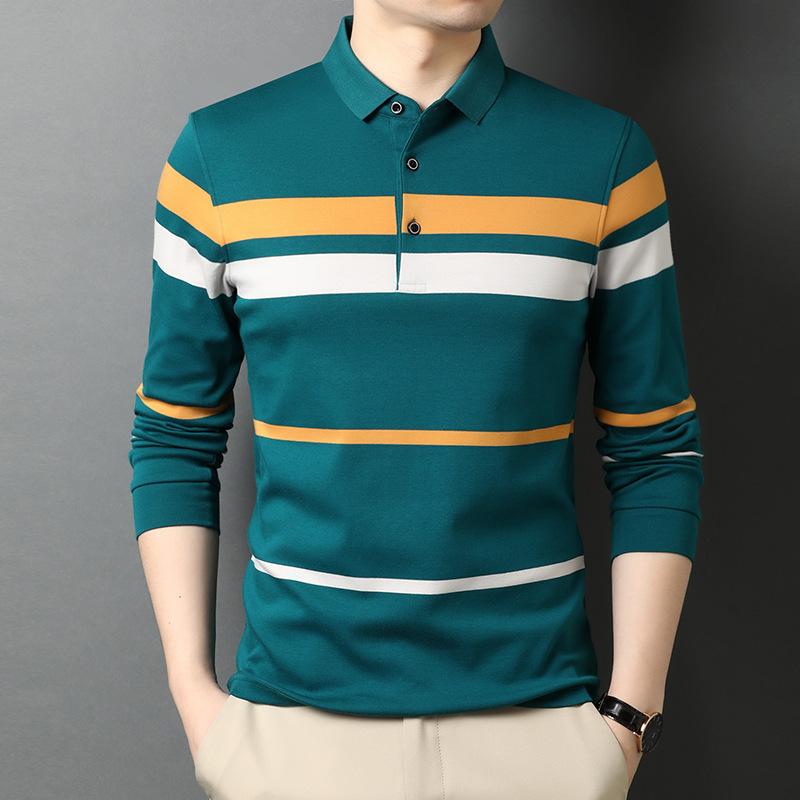 Frühling Neues Herren Langarm T-Shirt Polokragen Streifen Unterhemd Junge und Mittelalte Herrenbekleidung Locker XXXL von Joom DACH