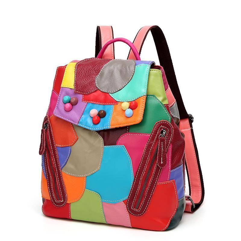 Frühling Schafsleder Damen Tasche Spleißfarbe Rucksäcke Mode Freizeit Reise Farbe Rucksack von Joom DACH