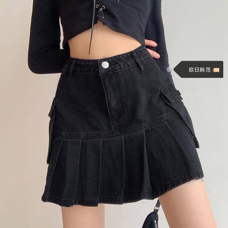 Frühling Schlicht Chic Hohe Taille Skinny A-Linie Halbrock Seitentasche Übergröße Damen Retro Denim Plissee Kurzer Rock XL schwarz von Joom DACH
