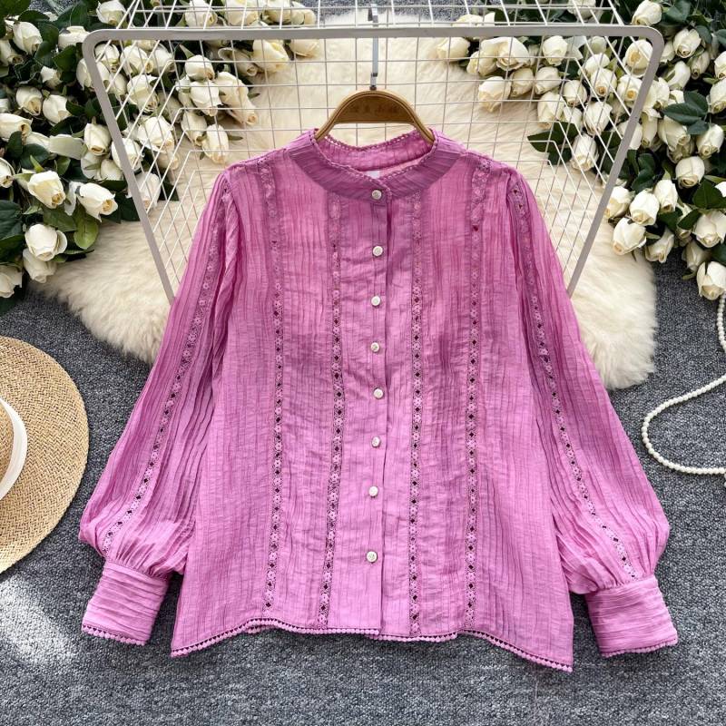 Frühling Shirt Frauen Spitze Bluse Langarm Lose Fashion Tops Tees Tees Neue Weiß average size violett von Joom DACH