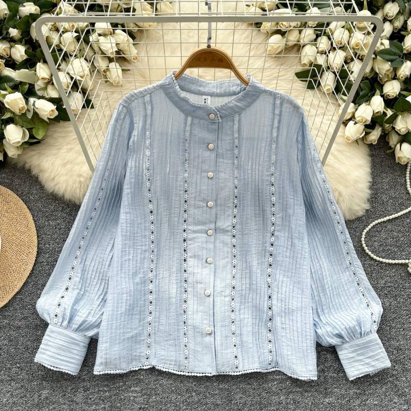 Frühling Shirt Frauen Spitze Bluse Langarm Lose Fashion Tops Tees Tees Neue Weiß average size blau von Joom DACH