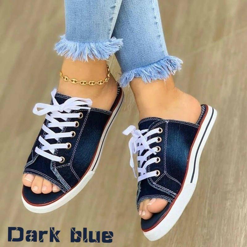 Frühling Sommer Damen Segeltuchschuhe Flache Turnschuhe Denim Loafers Offene Zehensandalen Damen Casual Hausschuhe Schuhe Niedriges Obermaterial 35-43 40 dunkelblaue von Joom DACH