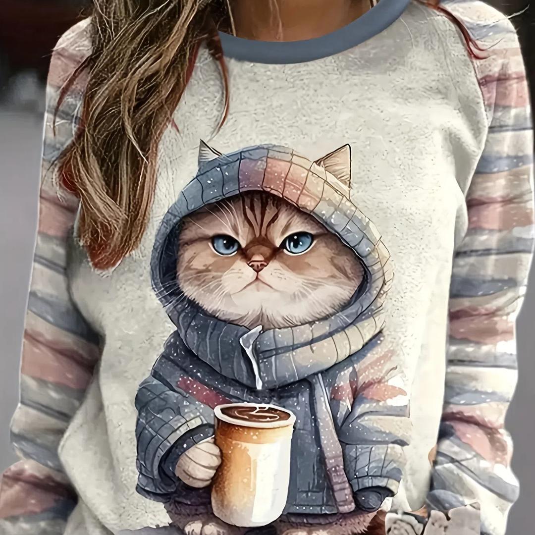 Frühling Sommer Damen Casual T-Shirt 3D Katzendruck Farbverlauf T-Shirt Lose Langarm O-Ausschnitt T-Shirt Mode Harajuku Damen Tops 3XL von Joom DACH