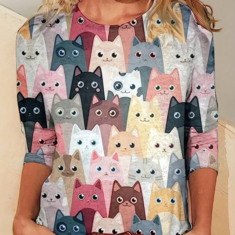 Frühling Sommer Damen Casual T-Shirt 3D Katzendruck Farbverlauf T-Shirt Lose Langarm O-Ausschnitt T-Shirt Mode Harajuku Damen Tops 3XL von Joom DACH