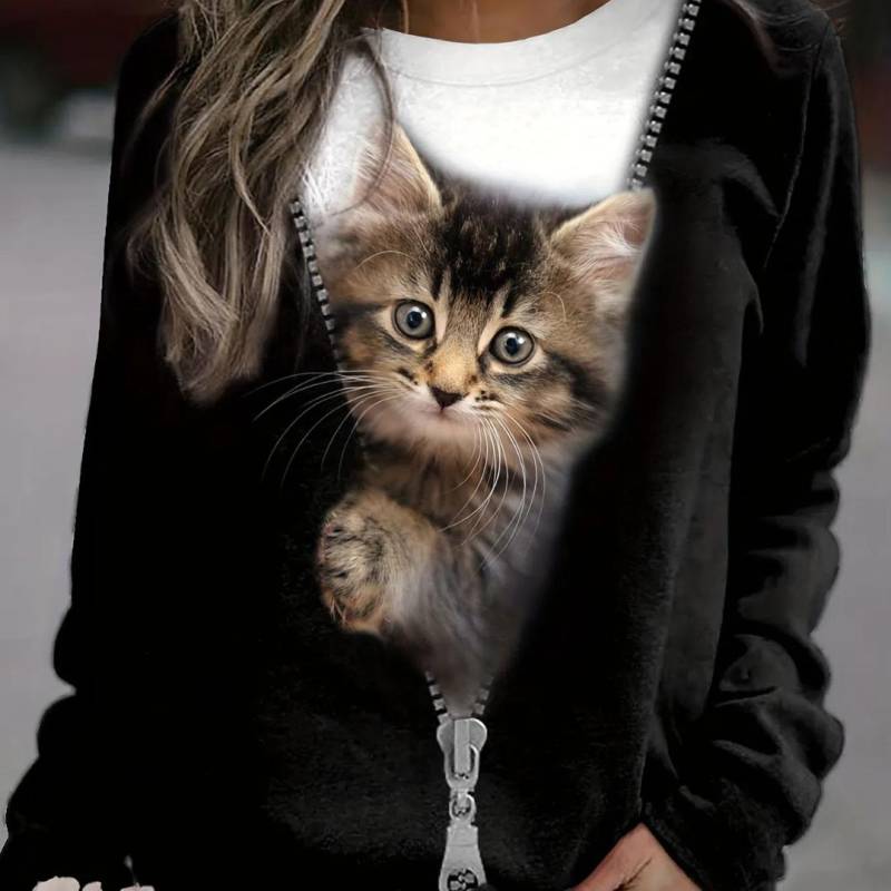 Frühling Sommer Damen Casual T-Shirt 3D Katzendruck Farbverlauf T-Shirt Lose Langarm O-Ausschnitt T-Shirt Mode Harajuku Damen Tops 4XL von Joom DACH