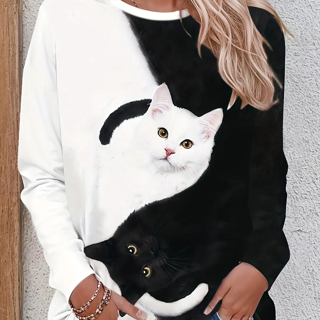 Frühling Sommer Damen Casual T-Shirt 3D Katzendruck Farbverlauf T-Shirt Lose Langarm O-Ausschnitt T-Shirt Mode Harajuku Damen Tops 5XL von Joom DACH