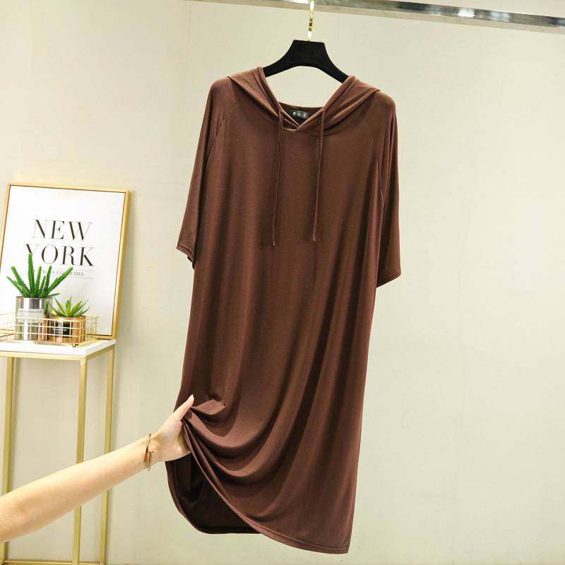 Frühling Sommer Damen Kapuzenkleid Halbarme Modal Lässig Locker Langes Kleid Einfarbig Damenbekleidung Streetwear XL dunkle khaki von Joom DACH