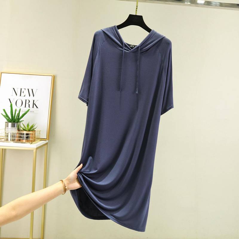 Frühling Sommer Damen Kapuzenkleid Halbarme Modal Lässig Locker Langes Kleid Einfarbig Damenbekleidung Streetwear XXL navy blau von Joom DACH