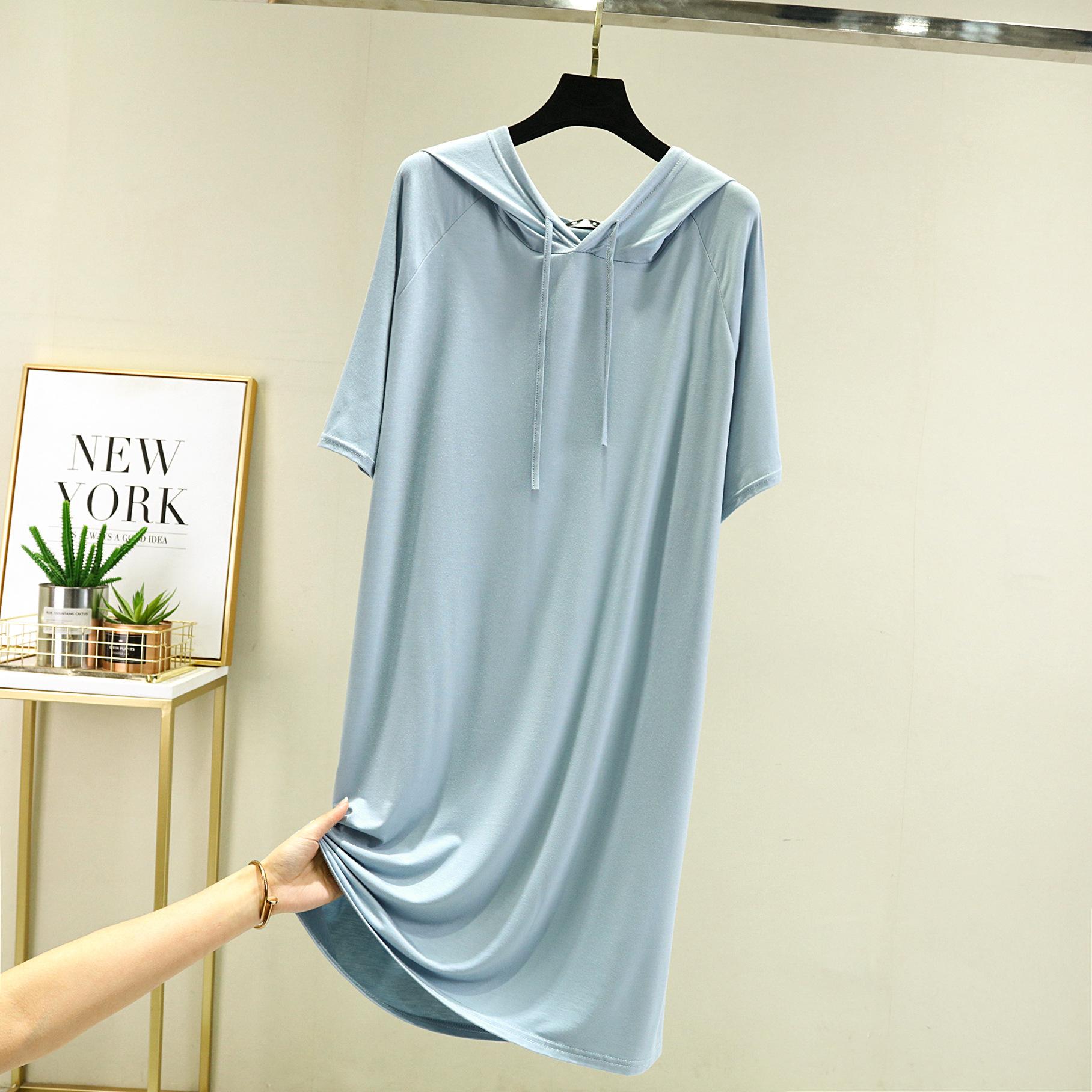 Frühling Sommer Damen Kapuzenkleid Halbarme Modal Lässig Locker Langes Kleid Einfarbig Damenbekleidung Streetwear XXL hellblaue von Joom DACH
