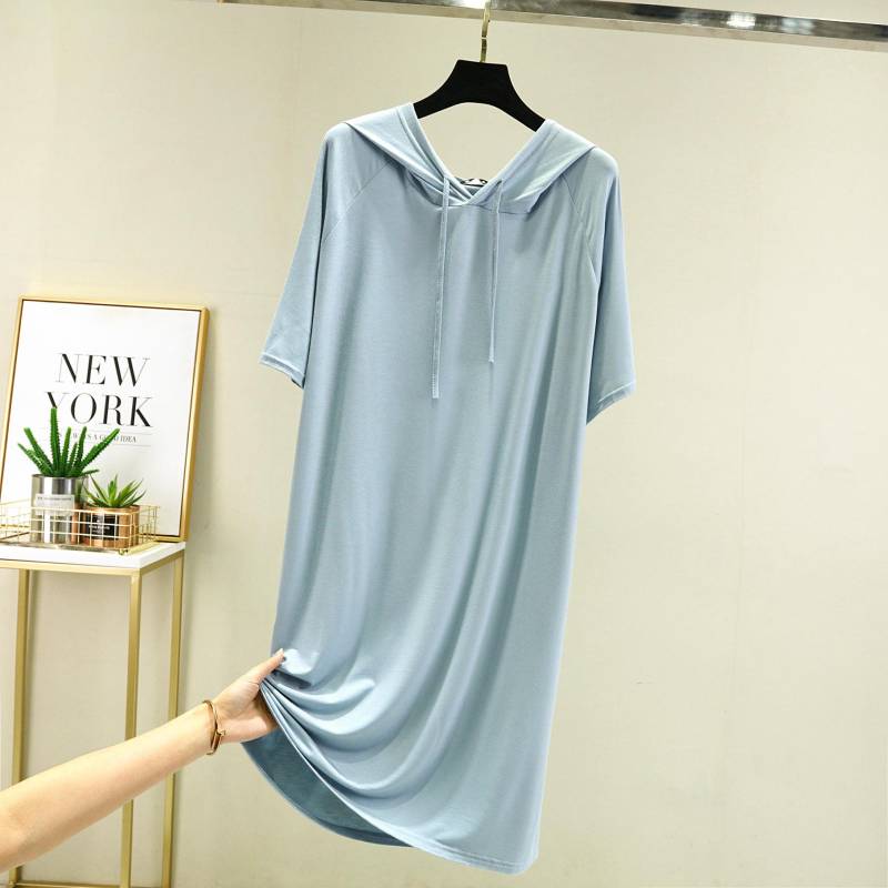 Frühling Sommer Damen Kapuzenkleid Halbarme Modal Lässig Locker Langes Kleid Einfarbig Damenbekleidung Streetwear XXL hellblaue von Joom DACH