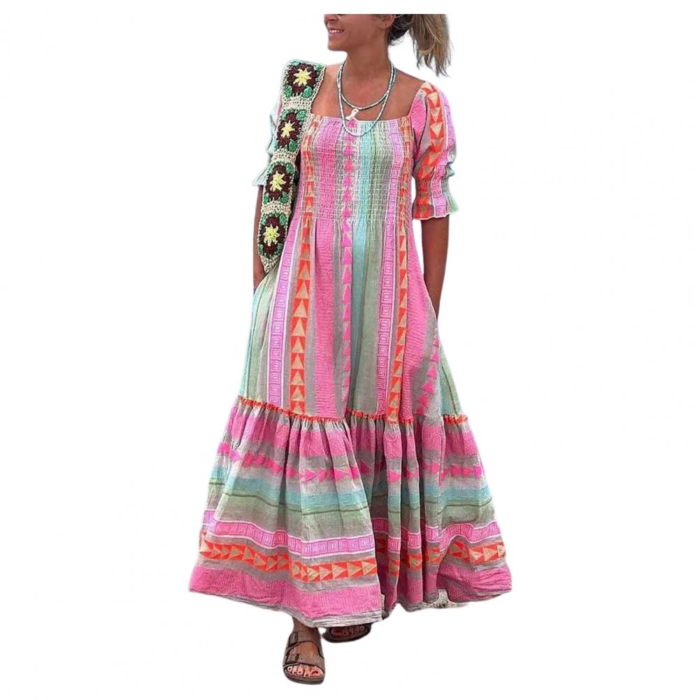 Frühling Sommer Damen Kleid Quadratischer Hals Geometrischer Druck Böhmischer Stil Plissee Patchwork Halbarm Urlaub Strand Maxikleid S rosa von Joom DACH