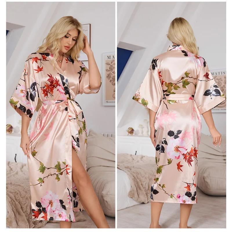 Frühling Sommer Damen Langer Bademantel Nachtwäsche Print Blume Halbarm Kimono Bademantel Kleid Lose Seidensatin Nachthemd Heimkleidung 2XL von Joom DACH