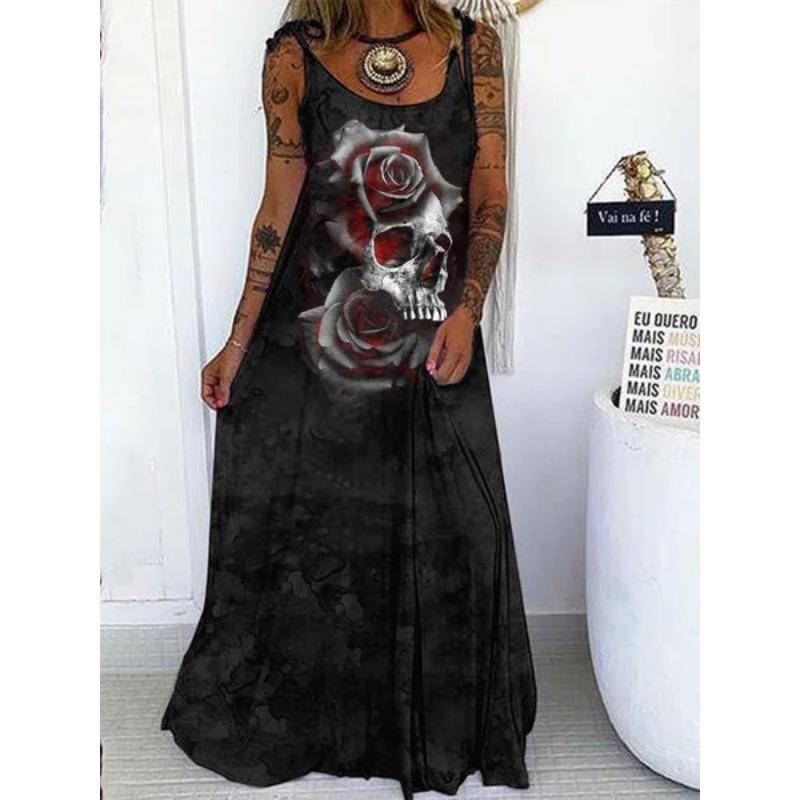 Frühling Sommer Damen Punk Totenkopf Print Loose Plus Lace Up Casual Kleider XXXL schwarz von Joom DACH
