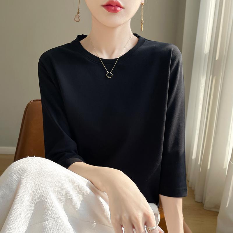 Frühling Sommer Damen Rundhals Seidige Baumwolle Kurzarm T-Shirt Feminines Baumwolle Cropped Sleeve Bottoming Shirt XXXL schwarz von Joom DACH