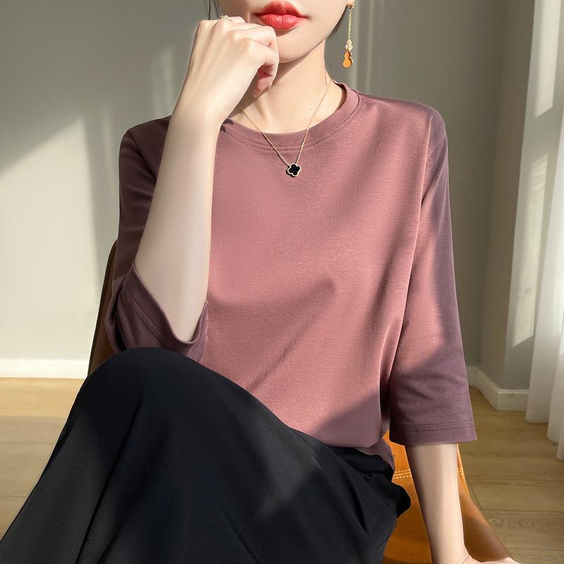Frühling Sommer Damen Rundhals Seidige Baumwolle Kurzarm T-Shirt Feminines Baumwolle Cropped Sleeve Bottoming Shirt XXXL von Joom DACH