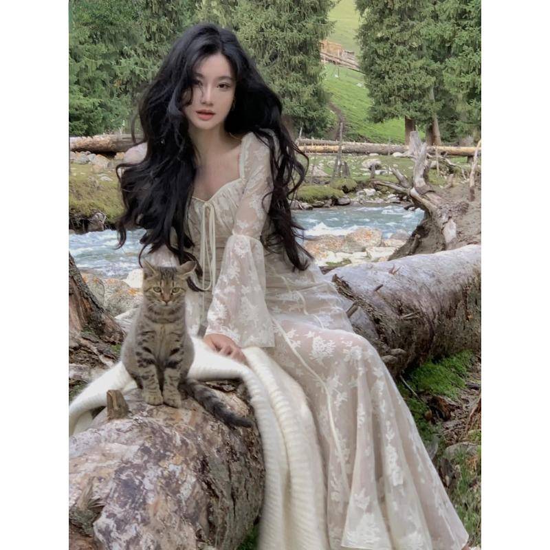 Frühling Sommer Elegante Meerjungfrau Langes Kleid Mode Slim Flare Ärmel Hochzeit Landebahn Partei Spitze Vestidos Frauen Vintage-Kleidung S beige von Joom DACH