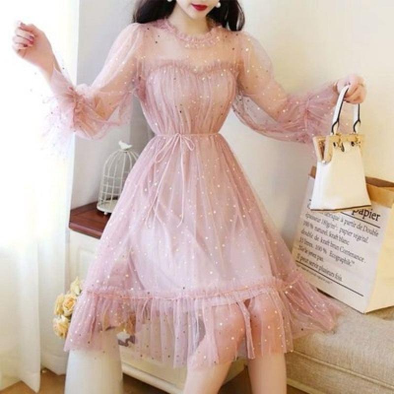 Frühling Sommer Elegante Weibliche Oansatz Sterne Pailletten Mesh Glänzenden Fee Kleid Frauen Elegante Bling Gaze Prinzessin Puff Kleider L von Joom DACH