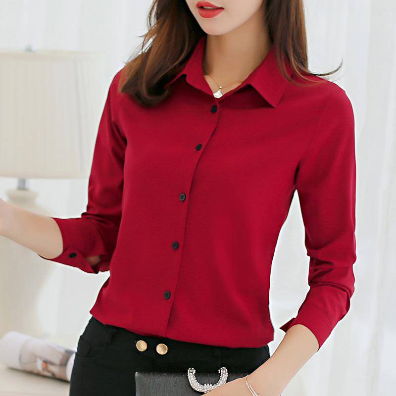 Frühling Sommer Frauen Einfarbig Drehen Unten Kragen Langarm Hemd Büro Button Up Schlanke Bluse Tops L bordeaux von Joom DACH