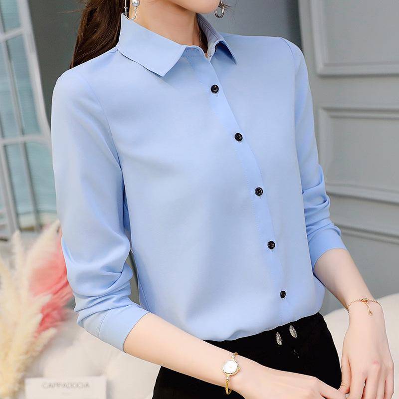 Frühling Sommer Frauen Einfarbig Drehen Unten Kragen Langarm Hemd Büro Button Up Schlanke Bluse Tops L hellblaue von Joom DACH