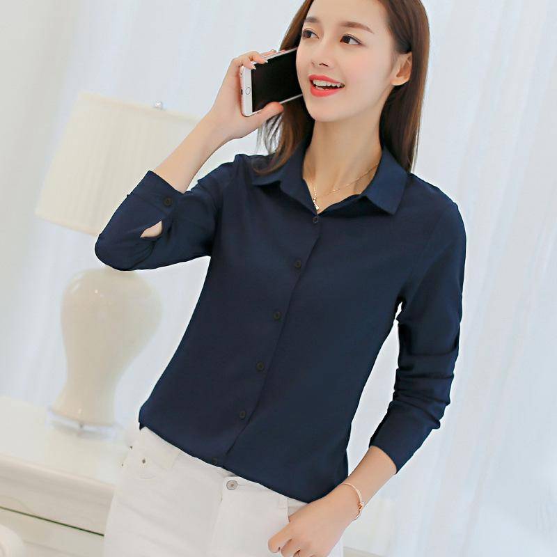 Frühling Sommer Frauen Einfarbig Drehen Unten Kragen Langarm Hemd Büro Button Up Schlanke Bluse Tops XL dunkelblau von Joom DACH