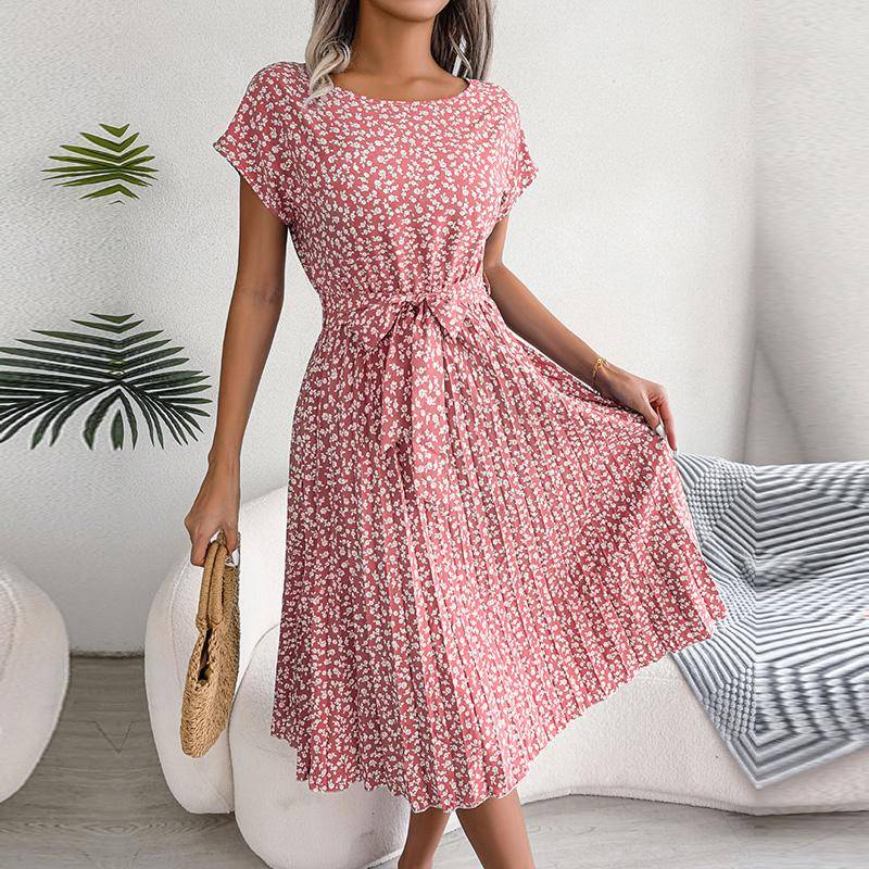 Frühling Sommer Frauen Kurzarm Floral Plissee Hohe Taille A-linie Langes Kleid S-XL M rosa von Joom DACH