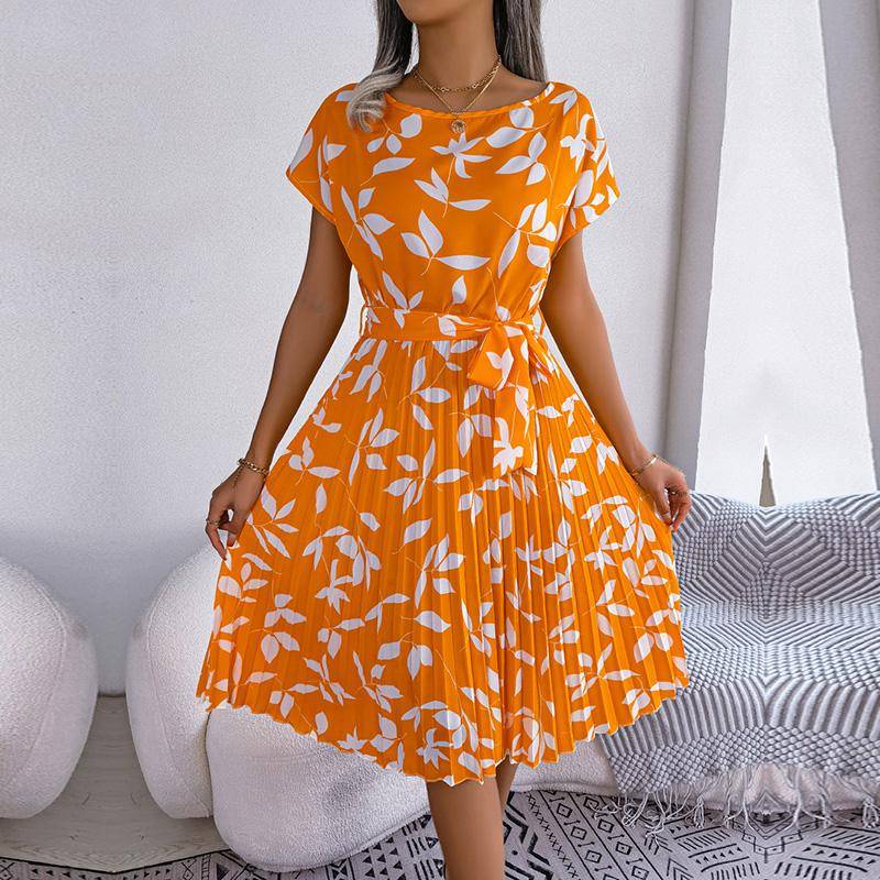Frühling Sommer Frauen Kurzarm Floral Plissee Hohe Taille A-linie Langes Kleid S-XL S gelb von Joom DACH