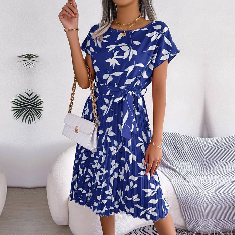 Frühling Sommer Frauen Kurzarm Floral Plissee Hohe Taille A-linie Langes Kleid S-XL XL navy blau von Joom DACH
