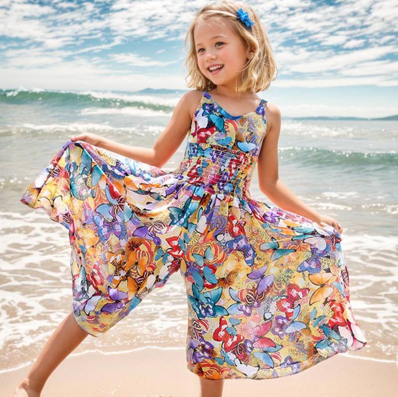Frühling Sommer Mädchen Blume Bohemian Overall Kinder Mädchen Strand Kleider Chiffon Floral Teenager Mädchen Kleidung 160cm von Joom DACH