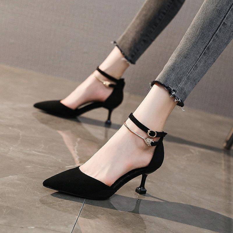 Frühling Sommer Mid-heel 7cm High-heels Schuhe für Damen Stiletto Spitz Zehen Zehen Sandalen Ein-Wort Schnalle Hohl Einzelne Schuhe 35 schwarz von Joom DACH