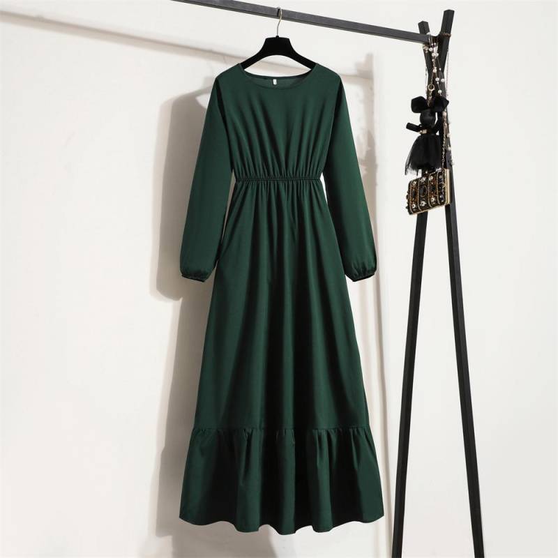 Frühling Sommer Mode Weibliche Feste Volle Hülse O-ansatz Casual Kleid Frauen Bohe Party Lange Kleid Frau Muslimischen Maxi Kleider L grün von Joom DACH