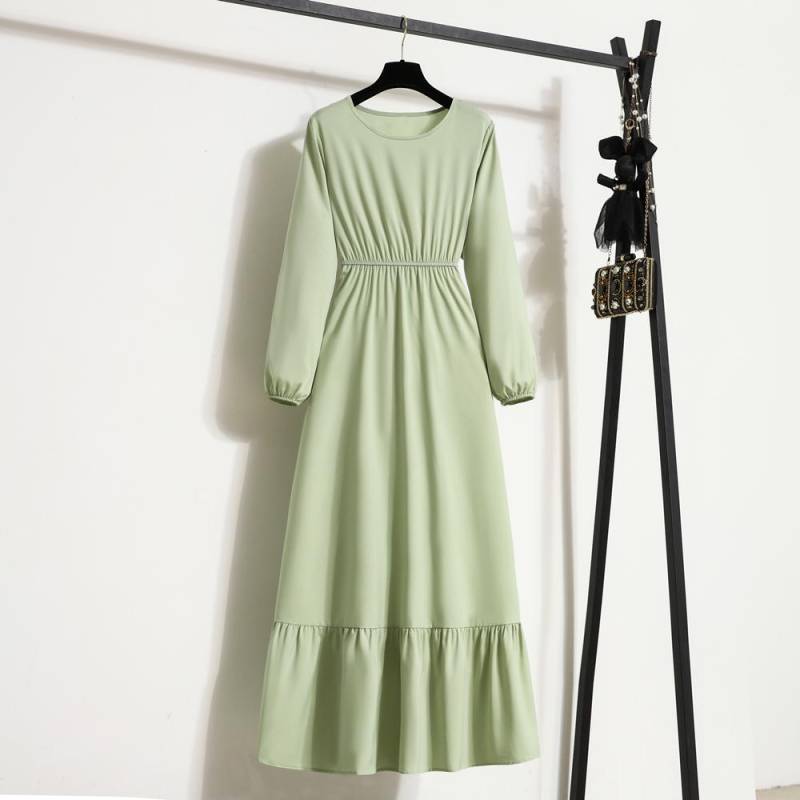 Frühling Sommer Mode Weibliche Feste Volle Hülse O-ansatz Casual Kleid Frauen Bohe Party Lange Kleid Frau Muslimischen Maxi Kleider M hellgrüne von Joom DACH