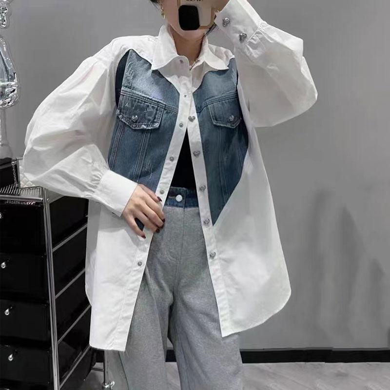 Frühling Stil Bluse Patchwork Denim Casual Shirt Tasten Frauen Langarm Lose Hemd One Size weiß von Joom DACH