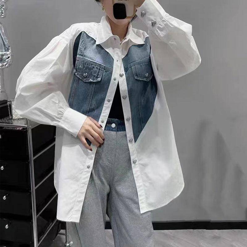 Frühling Stil Bluse Patchwork Denim Casual Shirt Tasten Frauen Langarm Lose Hemd One Size weiß von Joom DACH