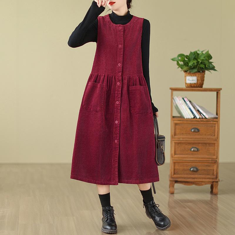 Frühling Winter Frauen Solide Grundlegende Sommerkleid O-Ausschnitt Kleid Ärmelloses Cord Midi Kleid XXL rot von Joom DACH
