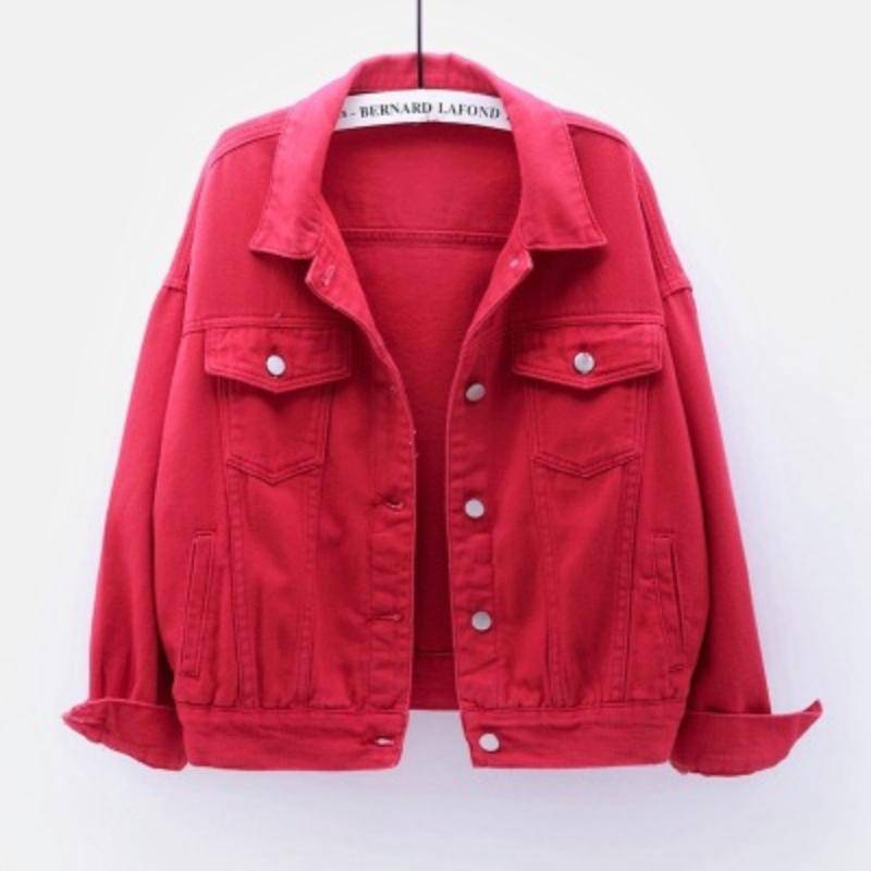 Frühling herbst Neue Jeansjacke Frauen Casual Tops Kurzmantel Weibliche farbe Jean Jacken Lose Oberbekleidung Frau Tops 3XL rot von Joom DACH