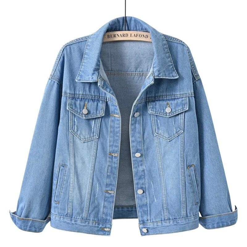 Frühling herbst Neue Jeansjacke Frauen Casual Tops Kurzmantel Weibliche farbe Jean Jacken Lose Oberbekleidung Frau Tops 3XL hellblaue von Joom DACH