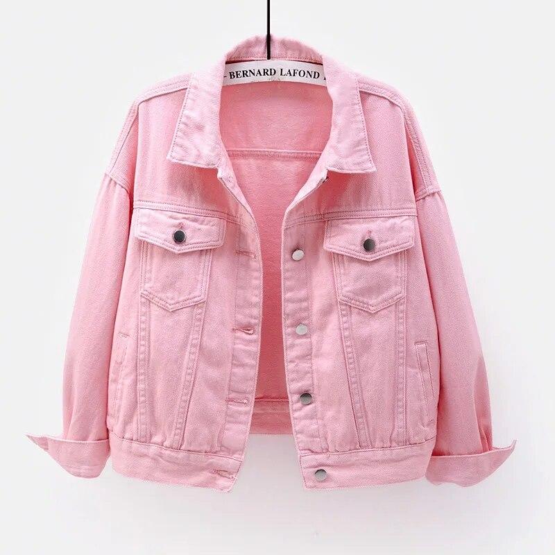 Frühling herbst Neue Jeansjacke Frauen Casual Tops Kurzmantel Weibliche farbe Jean Jacken Lose Oberbekleidung Frau Tops 4XL rosa von Joom DACH